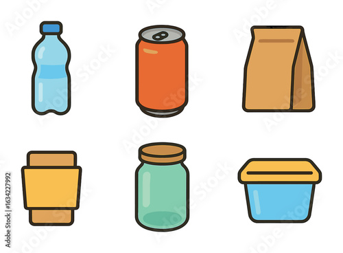 Recyclable Packaging Icons. Flat vector mini-illustrations Recyclable packaging types in colors children's