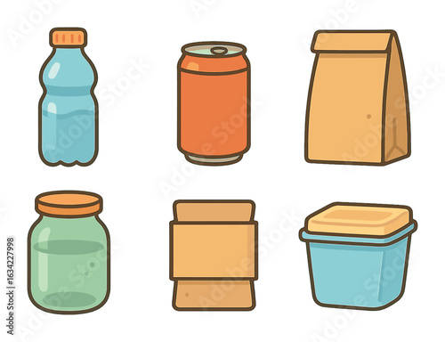 Recyclable Packaging Icons. Flat vector mini-illustrations Recyclable packaging types in colors children's