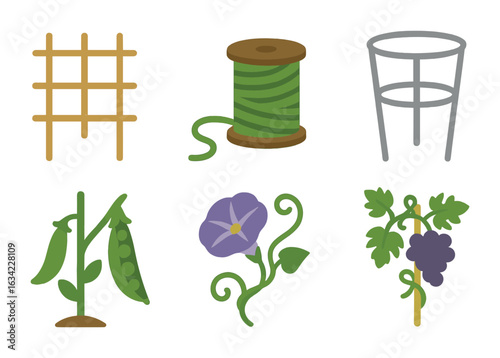Garden Plant Supports. Flat vector mini-illustrations Supporting climbing plants in colors children's