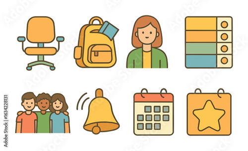 School Support Icons. Flat vector mini-illustrations School support systems in colors children's illustrations