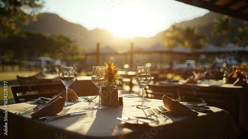 Elegant Outdoor Dining Setup at Sunset with Scenic Background
