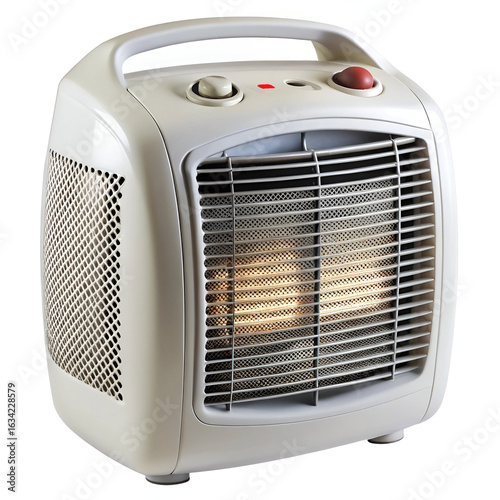 Portable electric heater for personal room comfort, providing efficient warmth during cold weather, a compact and modern home appliance, isolated on white background