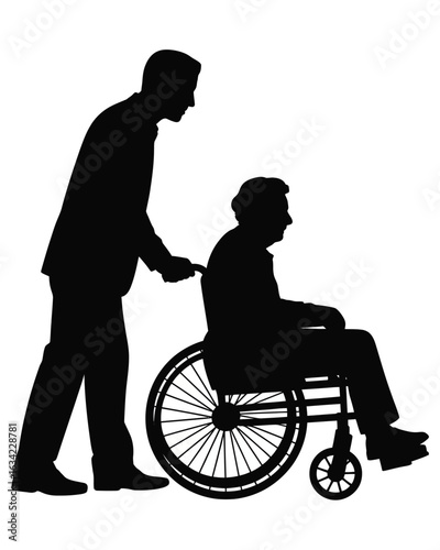 Man pushing elderly person in wheelchair silhouette