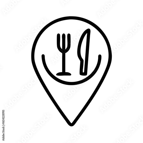 Dining location symbol shows a fork and knife inside a smiling pin, representing happiness associated with food and dining experiences in urban areas
