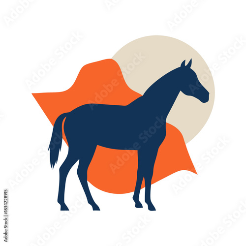 Silhouette of a horse standing against a colorful abstract background with soft shapes, highlighting its form and grace in an artistic style