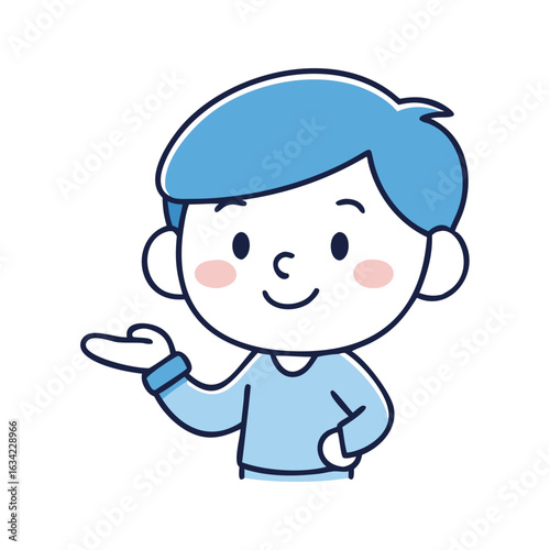 Cheerful boy with blue hair gesturing friendly in a casual setting during daytime