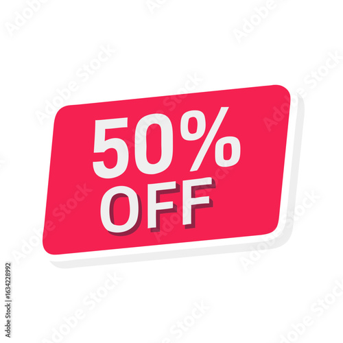 Discount promotion sign for sale event displaying fifty percent off on products in a retail store