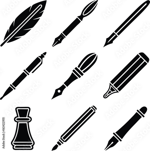 writing, calligraphy, pen, feather, quill, ink, author, draw, sketch, stationery, tool, education, icon, set, vector