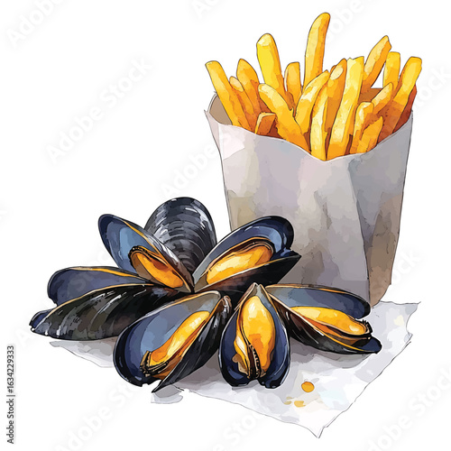 Watercolor painting of mussels and french fries served on watercolor.vector transparent background cutout