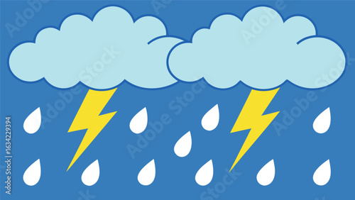 Illustration of storm clouds with lightning bolts and raindrops on blue background

