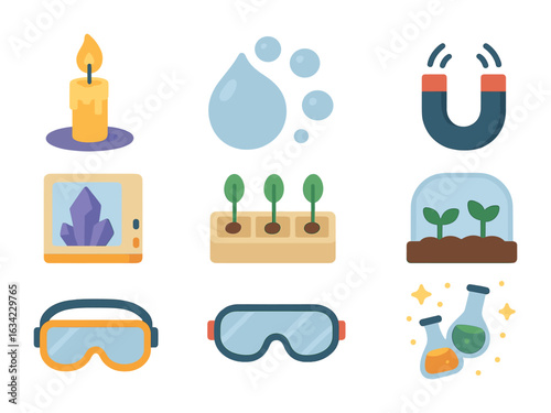Zero Gravity Experiments. Flat vector mini-illustrations Zero gravity experiments in colors children's