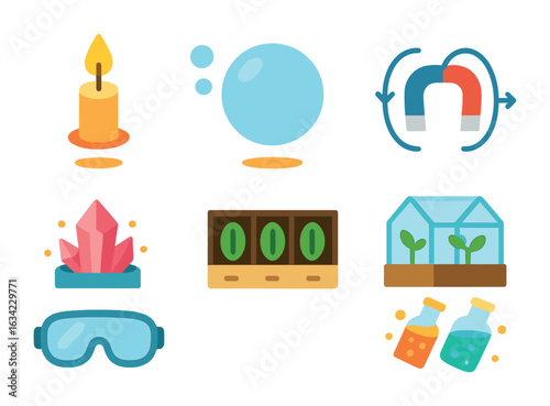 Zero Gravity Experiments. Flat vector mini-illustrations Zero gravity experiments in colors children's