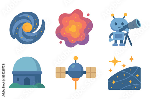 Children's Space Exploration. Flat vector mini-illustrations Exploring the Milky Way in colors children's