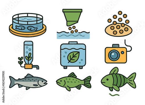 Aquaculture Elements Grid. Flat vector mini-illustrations fish farm sustainability in colors children's