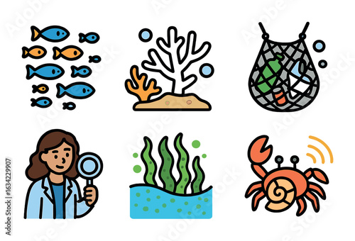 Underwater Ecosystem Icons. Flat vector mini-illustrations underwater ecosystems and fishing impact in colors