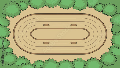 Top view illustration of outdoor running track surrounded by green trees in a park
