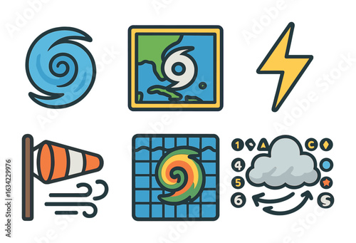 Storm Tracking Icons. Flat vector mini-illustrations storm tracking in colors children's illustrations: