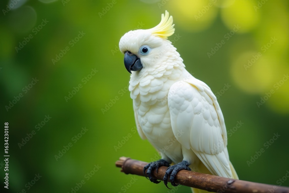 Fototapeta premium Fluffy white cockatoo perched on branch, bright eyes, sketch, wings