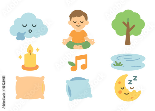Mindfulness Icons for Kids. Flat vector mini-illustrations mindfulness for children in colors children's
