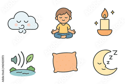 Mindfulness Icons for Kids. Flat vector mini-illustrations mindfulness for children in colors children's