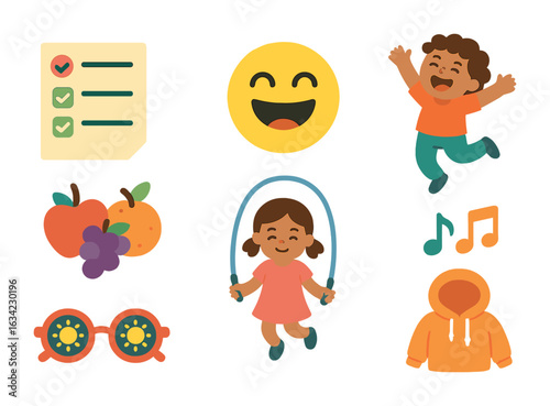 Joyful Habits Icons. Flat vector mini-illustrations happiness habits in colors children's illustrations: