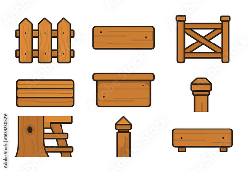 Children's Wood Elements. Flat vector mini-illustrations outdoor wood elements in colors children's