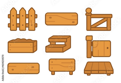 Children's Wood Elements. Flat vector mini-illustrations outdoor wood elements in colors children's
