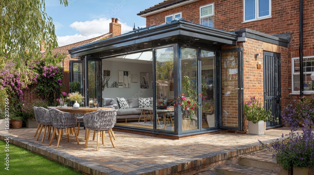 Obraz premium Outdoor dining set with a modern conservatory and brick house exterior. Perfect for showcasing home extensions and garden design concepts.