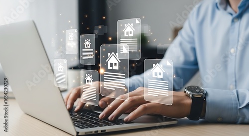 A man is working on a laptop, searching for a new house to buy or rent, checking documents, and comparing real estate properties online for investment and planning