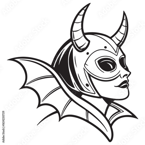 Illustration of a horned helmet mask on a womans face, isolated on white background