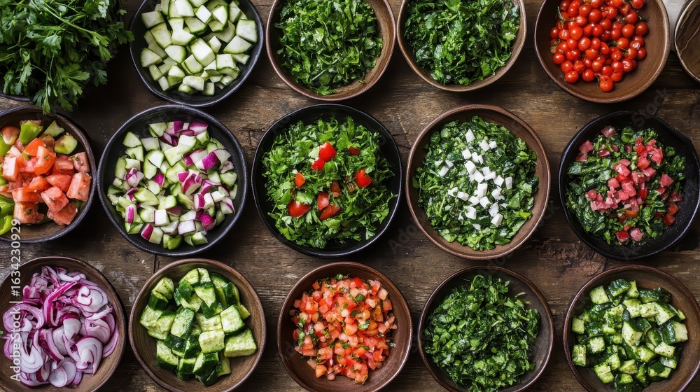 Fototapeta premium Fresh and Colorful Variety of Chopped Vegetables in Bowls on Table