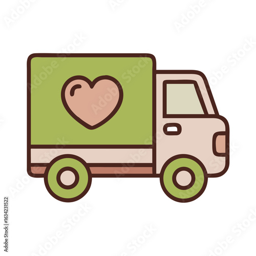 Brightly colored delivery truck with a heart symbol parked in a cheerful urban setting during midday