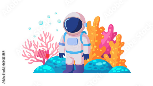 Astronaut explores vibrant underwater world amid colorful coral reefs and sea life in a bright, imaginative setting