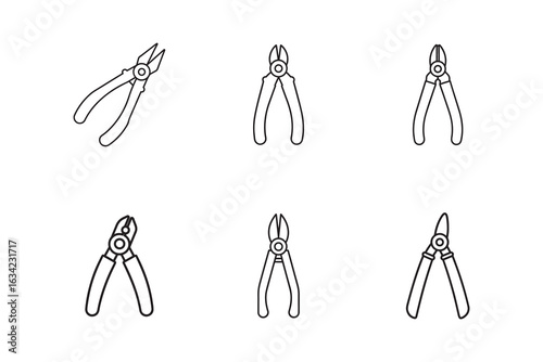 Set of Black and White Line Art Illustrations Featuring a Variety of Wire Cutters and Pliers for Different Applications