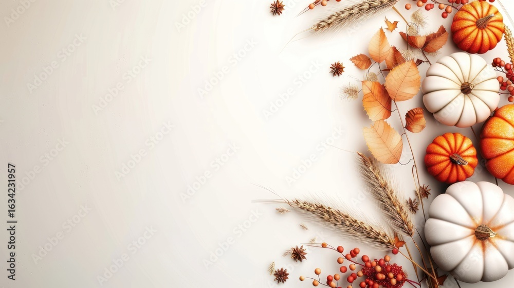 Obraz premium Elegance of Fall: A minimalist composition of pumpkins, leaves, wheat, and berries
