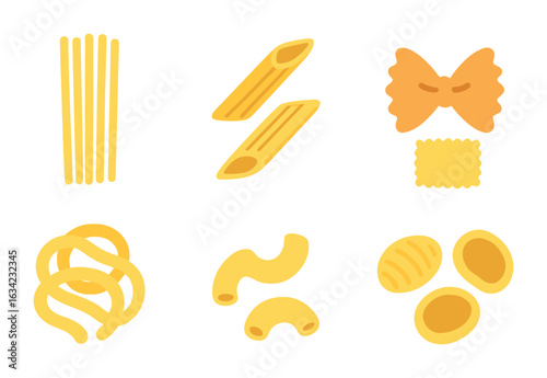 Colorful Pasta Shapes. Flat vector mini-illustrations pasta shapes in colors children's illustrations: