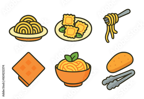 Playful Pasta Illustrations. Flat vector mini-illustrations pasta plating and serving in colors children's
