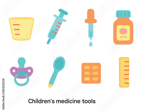Children's Medicine Tools. Flat vector mini-illustrations children’s medicine tools in colors children's