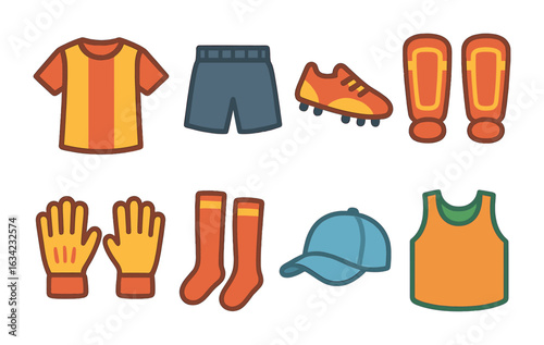Colorful Sports Uniforms Grid. Flat vector mini-illustrations team sports uniforms in colors children's