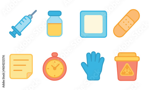 Children's Injection Instructions. Flat vector mini-illustrations injection dosage instructions in colors