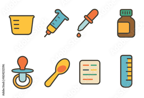 Children's Medicine Tools. Flat vector mini-illustrations children’s medicine tools in colors children's