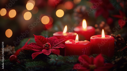 Festive red candles glow amid evergreen boughs and poinsettias, capturing the holiday season's warmth.