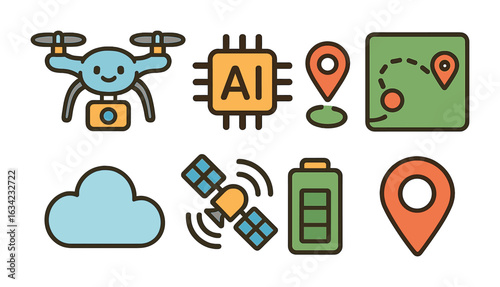 Drone Operation Icons. Flat vector mini-illustrations autonomous drone operations in colors children's