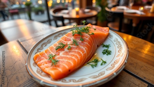 High angle view of salmon slice with herbs on plate on table,Egypt