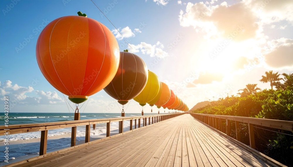 Obraz premium Walking on Wooden Pier with Colorful Balloons at Seaside View