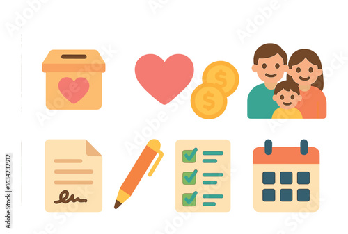 Charity Icon Grid. Flat vector mini-illustrations charity and donations in colors children's illustrations: