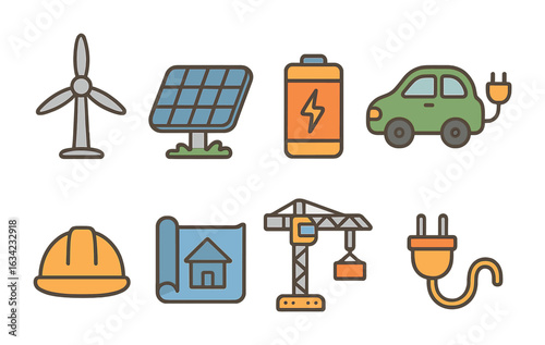 Renewable Energy Icons. Flat vector mini-illustrations renewable energy jobs in colors children's