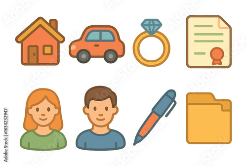 Property Division Icons. Flat vector mini-illustrations planning property division in colors children's