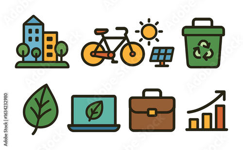 Urban Sustainability Icons. Flat vector mini-illustrations urban sustainability jobs in colors children's
