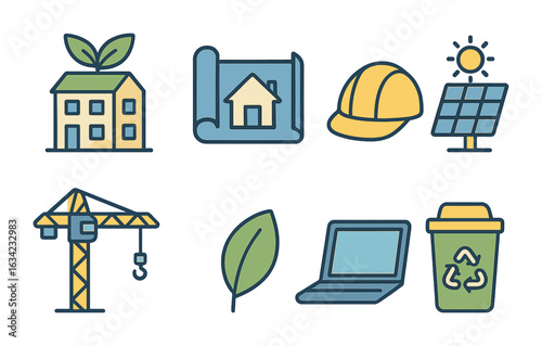 Eco Architecture Icons. Flat vector mini-illustrations sustainable architecture in colors children's